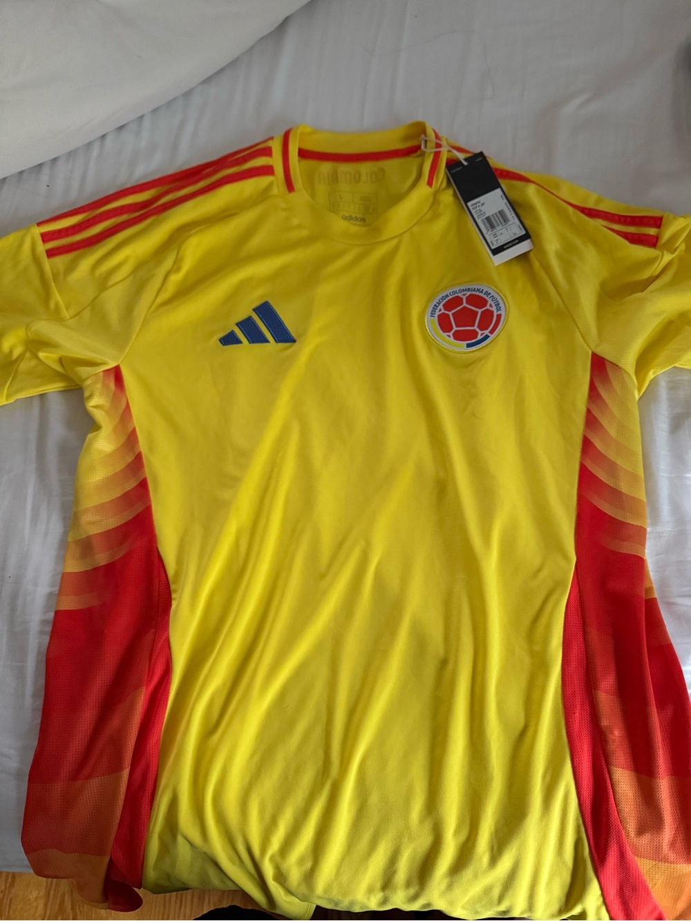 NWT adidas Yellow and Red Colombia Soccer Jersey with Blue Logo